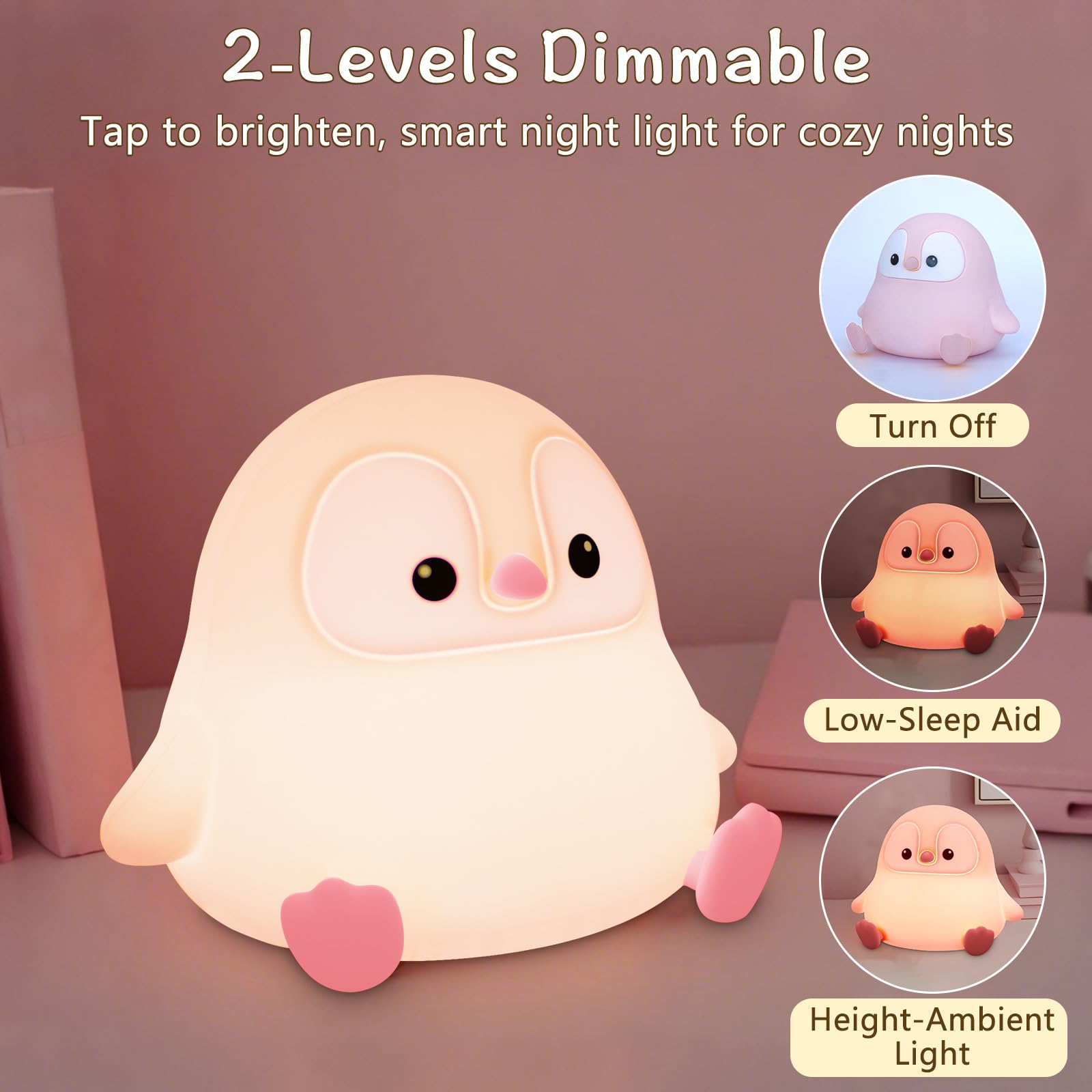 Duck Lamp, Cute Pea Duck Night Light, 2 Levels Dimmable Ducky Night Lamp, LED Squishy Animal Light for Kids Sleep, Rechargeable Bedside Touch Silicone Lamp, Unique Dorm Decor Gift Toy