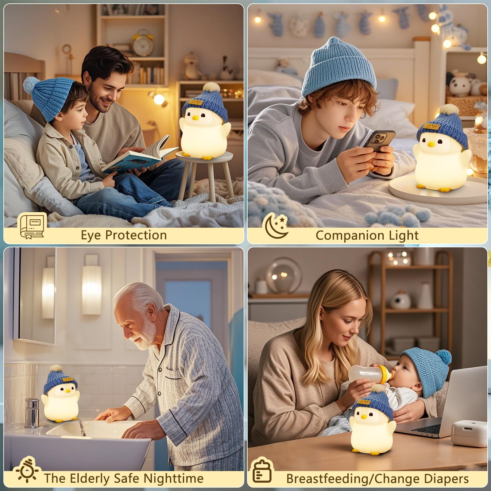 Duck Lamp, Cute Pea Duck Night Light, 2 Levels Dimmable Ducky Night Lamp, LED Squishy Animal Light for Kids Sleep, Rechargeable Bedside Touch Silicone Lamp, Unique Dorm Decor Gift Toy