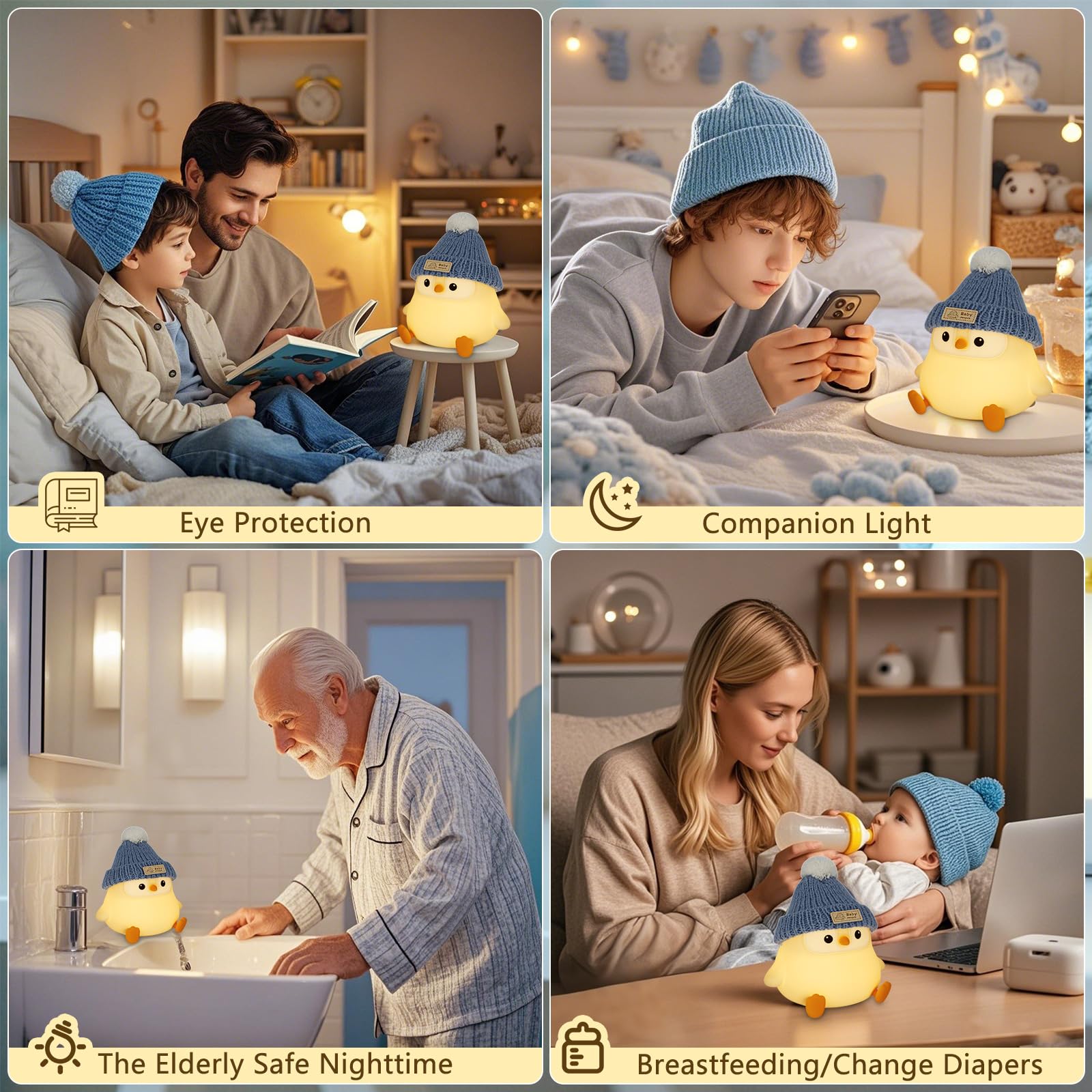 Duck Lamp, Cute Pea Duck Night Light, 2 Levels Dimmable Ducky Night Lamp, LED Squishy Animal Light for Kids Sleep, Rechargeable Bedside Touch Silicone Lamp, Unique Dorm Decor Gift Toy